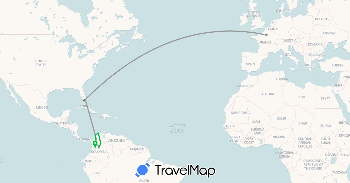 TravelMap itinerary: bus, plane, boat, motorbike in Colombia, France, United States (Europe, North America, South America)